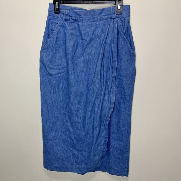 Vintage 90s LL Bean Jean Wrap Skirt Cotton Denim Size 12 High Rise USA Made - Picture 1 of 7